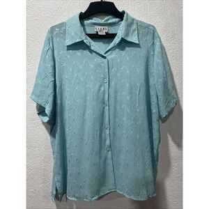 ERENA Women's Teal Color Button Up Floral Embroidered Short Sleeve SZ 2X